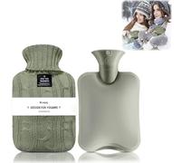 Hot Water Bottle with Knitted Cover, Leak-Proof Hot Water Bag for Hot and Cold Compress, Hand Feet Warmer, Ideal for Menstrual Cramps, Neck and Shoulder Pain Relief,Warming Bed (Grey Bean Green, 2 L)