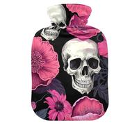 Hot Water Bottle with Soft Cover Bed Hand Feet Warmer Funny Skulls Pink Flowers Hot Water Bag for Hot and Cold Compress Medium