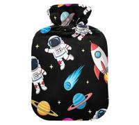 Hot Water Bottle with Soft Cover Bed Hand Feet Warmer Space Astronaut Rockets Black Warm Water Heat Bottles for Menstrual Cramps Pain Relief Small