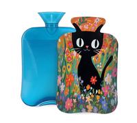 Hot Water Bottle with Soft Cover, Black Cat in The Flowers Floral Garden Print 2 Liter Hot Water Bag for Pain Relief, Hand Feet Warmer