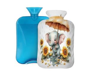 Hot Water Bottle with Soft Cover, Cute Little Elephant Under The Umbrella 2 Liter Hot Water Bag for Pain Relief, Hand Feet Warmer