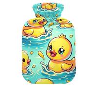 Hot Water Bottle with Soft Cover Feet and Bed Warmer Cute Yellow Ducks Teal Hot Water Bag for Neck and Shoulder Pain Relief Small