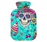 Hot Water Bottle with Soft Cover Feet Warmer with Soft Cover Sugar Skull Cupcake Teal Hot Water Bag for Neck and Shoulder Pain Relief Small