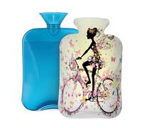 Hot Water Bottle with Soft Cover, Girl Silhouette Ride Bicycle with Colorful Floral and Butterfly 2L Hot Water Bags for Pain Relief, Cramps,Hand Feet Warmer, Menstrual