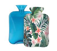 Hot Water Bottle with Soft Cover, Green Palm Leaves Tropical Flowers Jungle Hibiscus 2L Hot Water Bags for Pain Relief, Cramps,Hand Feet Warmer, Menstrual