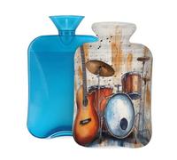Hot Water Bottle with Soft Cover, Guitar Drum Musical Notes Musical Instrument 2 Liter Hot Water Bag for Pain Relief, Hand Feet Warmer