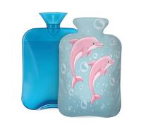 Hot Water Bottle with Soft Cover, Pink Dolphins Cartoon Marine Animals 2 Liter Hot Water Bag for Pain Relief, Hand Feet Warmer