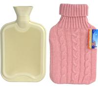 Hot Water Bottle with Soft Cover Relieves Body Aches & Pain Washable Heating Pad Ideal for Cosy Nights Large 2L (Cream with Pink Knitted Cover)