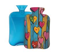 Hot Water Bottle with Soft Cover, Retro Love Hearts On The Wooden Board 2 Liter Hot Water Bag for Pain Relief, Hand Feet Warmer