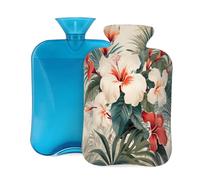 Hot Water Bottle with Soft Cover, Summer Tropical Vegetation Leaves Hibiscus Flowers Retro 2L Hot Water Bags for Pain Relief, Cramps,Hand Feet Warmer, Menstrual