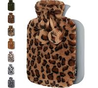 Hot Water Bottle - with Soft Premium Fleece Cover + Pompoms - Brown Leopard, 2L - Heating Pad for Menstrual Cramps & Period Comfort - Bed Foot Warmer - Hot & Cold Compress for Pain Relief - by Qomfor