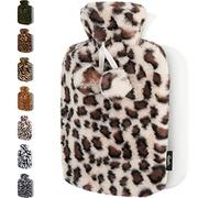 Hot Water Bottle - with Soft Premium Fleece Cover + Pompoms - Cream Leopard, 2L - Heating Pad for Menstrual Cramps & Period Comfort - Bed Foot Warmer - Hot & Cold Compress for Pain Relief - by Qomfor