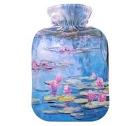 Hot Water Bottles with Soft Cover Bed Hand Feet Warmer Water Lilies Scene Hot Water Bag for Neck and Shoulder Pain Relief Medium