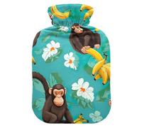 Hot Water Bottles with Soft Cover Bed Hand Feet Warmer Winter Gift Funny Monkey Bananas Teal Warm Water Heat Bottles for Menstrual Cramps Pain Relief Small