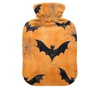 Hot Water Bottles with Soft Cover Bed Hand Feet Warmer Winter Gift Halloween Black Bats Orange Hot Water Bag for Hot and Cold Compress Medium