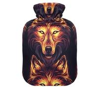 Hot Water Bottles with Soft Cover Bed Hand Feet Warmer Winter Gift Wolf Swirling Flames Hot Water Bag for Foot Bed Warmer Pain Relief Small