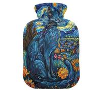 Hot Water Bottles with Soft Cover Feet Warmer with Soft Cover Blue Cat Under Starry Sky Hot Water Bag for Foot Bed Warmer Pain Relief Medium
