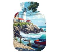 Hot Water Bottles with Soft Cover Hand Feet Warmer Retro Lighthouse Blue Hot Water Bag for Foot Bed Warmer Pain Relief Small