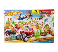 Hot Wheels Toy Cars & Playset, 2025 Advent Calendar with 10 Vehicles in 1:64 Scale, 10 Ornament Clips & 14 Winter-Themed Accessories, JCB47