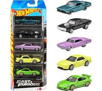 Hot Wheels 2025 Fast & Furious Pack of 5 (70 Dodge Charger RT, 1966 Chevrolet Impala, Porsche 911 Gt3 RS, 68 Plymouth Barracuda Formula S, Nissan Silvia) Multi - Color