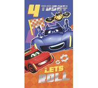 Hot Wheels 4th Birthday Racing Theme Celebration Card, Gaming Style Design with Race Cars and Drones, Blue and Red Illustration
