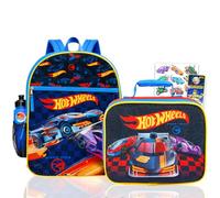 Hot Wheels Backpack with Lunchbox for Boys Set - Bundle with 16" Racecar Backpack, Lunch Box, Water Bottle, Tattoos, More | Hot Wheels School Bag for Kids