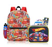 Hot Wheels Backpack and Lunchbox for Boys, Kids - Bundle with 16" Racecar School Bag, Lunch Box, Water Bottle, Tattoos, More | Hot Wheels School Backpack Set