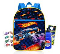 Hot Wheels Backpack for Boys School Bundle w/ 16" Bookbag + More | Large Durable Race Car School Bag w/ Front Zip Pocket Plus Water Bottle, Tattoos, More - Hot Wheels School Supplies