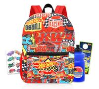 Hot Wheels Backpack Set - Bundle of Deluxe 16" Race Car Backpack Plus Stikers, Water Bottle, More | Hot Wheels Bag for Kids, Multicolor - Red, 16" Hot Wheels School Backpack, Hot Wheels Backpack, Hot