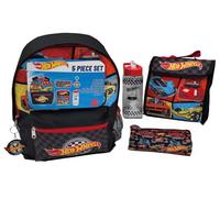 Hot Wheels Backpack Set for Boys - 5 Piece School Bag Set with Lunch Bag, Water Bottle, Pencil Case & Keyring Boys Backpack and Lunch Bag Set, Kids School Bag Gifts