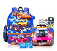 Hot Wheels Backpack with Lunchbox Set for Boys School Bundle + More | 16in Large Durable Hot Wheels Bookbag w/ Insulated Lunch Box Plus Water Bottle, Tattoos, More - Hot Wheels School Supplies