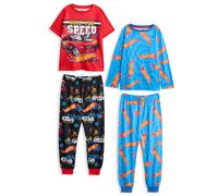 Hot Wheels Boys Pyjama Set Pack of 2 | Kids Toy Race Car Graphic Short Sleeve Top & Long Leg PJ Bottoms in Red & Blue | Childrens Hotwheels Flame Logo All Over Print Nightwear | Model Cars Merchandise