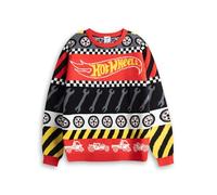 Hot Wheels Boys Red Black Yellow Tyre & Spanner Fairisle Christmas Jumper | Long Sleeve Crew Neck Winter Wear for Christmas | Fun Kids Knitwear Merch - 5-6 Years