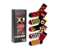 Hot Wheels Mens Red, Black, Yellow & White Calf Socks Set of 5 | Checkerboard & Flames Designs | Daily Wear Multipack | Retro Racing Patterns Merchandise for Men - 7-11 UK
