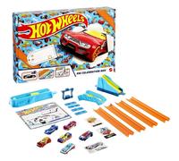 Hot Wheels HW Celebration Box Complete Starter Set With 6 Hot Wheels 1:64 Scale Cars, Track, Connectors, 4-Speed Launcher, Ramps, Activity Page & Stickers, Gift for Kids 4 Years Old & Up, GWN96