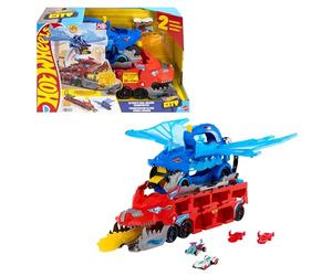 Hot Wheels City Ultimate Dual Dragon Transporter & 2 Die-Cast Cars | 2 Dragons: 1 Large-Scale that Transforms into a 2-lane Raceway & 1 Detachable, Plus 2 Toy Cars, Store 20+ Vehicles, JKJ79
