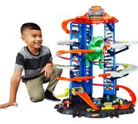 Hot Wheels City Ultimate Garage Playset with Multi-Level Racetrack, 91 cm Tall Moving T-Rex Dinosaur, Parks 100 Cars, Includes 2 Toy Cars, Toys for Ages 5 to 8, One Pack, GJL14