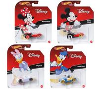 Hot Wheels Disney Character Cars Set of 4 Diecast Vehicles Bundle with Mickey Mouse, Minnie Mouse, Daisy Duck, and Donald Duck