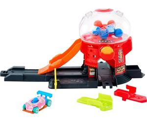 Hot Wheels Downtown City Candy Shop Track Set & 1:64 Scale Car | Gumball Machine Playset & Die-Cast Donut-Shaped Vehicle, With Speed Snap Track, JBM62
