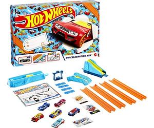 Hot Wheels HW Celebration Box Complete Starter Set With 6 Hot Wheels 1:64 Scale Cars, Track, Connectors, 4-Speed Launcher, Ramps, Activity Page & Stickers, Gift for Kids 4 Years Old & Up, GWN96