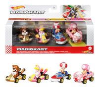 Hot Wheels Mario Kart 4-Pack Collectible Set of 4 Toy Vehicles with Tanooki Mario Cat Peach Toad Sneeker & Toadette Birthday Girl