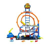 Hot Wheels Toy Car Track Set with Die-Cast Car & Helicopter, 2 Loops, Storage for 37 1:64 Scale Vehicles, Speed Snap Adapters, Mega Loop Garage, JLC05