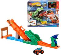 Hot Wheels Monster Trucks 1:64 Scale Mega-Wrex Vehicle, Race and Stunts on See-Saw Bridge - Crash Challenge Crocodile Playset