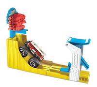 Hot Wheels Monster Trucks Big Air Breakout Play Set with 5 Alarm 1:64 Scale Die-Cast Metal Body Monster Truck 4 Plastic Crushed Cars 1 Slam Launc
