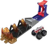 Hot Wheels Monster Trucks Fire Through Hero Playset with 1:64 Scale Die-cast 5 Alarm Vehicle & Launcher, Gift for Kids Ages 3+, GYL12