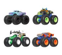 Hot Wheels Monster Trucks, 1:64 Scale Monster Trucks Toy Trucks, Set of 4, Giant Wheels, Favorite Characters and Cool Designs, JJT67