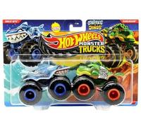 Hot Wheels Monster Trucks Ragesaur vs Shark Bite, Demolition Doubles, 1:64 Scale Diecast Metal, 2-Pack