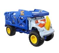 Hot Wheels Monster Trucks Rhino Rig Toy Hauler, Large-Scale Vehicle | Oversized Truck Carries & Stores 12 1:64 Scale Monster Trucks or 32 Cars , Large Yellow Horn on Hood, HFB13