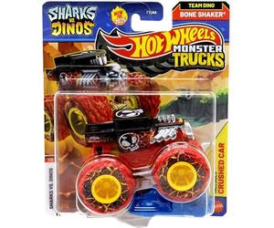 Hot Wheels Monster Trucks, Sharks Vs. Dinos 7/8, Team Dino Bone Shaker [Includes Crushed Car] New for 2025! 1:64 Scale Diecast Toy Vehicle