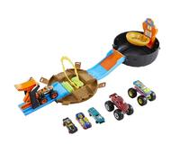 Hot Wheels Monster Trucks Stunt Tire Playset Bundle | Tire-Shaped Case Transforms into Race Course, Includes 3 Toy Monster Trucks & 4 Cars in 1:64 Scale, HHY74